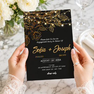 Invitation Fête de fiançailles florale élégante noire et or