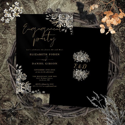 Invitation Fête de fiançailles florale gothique noire et or