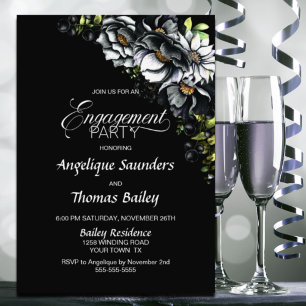 Invitation Fête de fiançailles florale noire lunatique