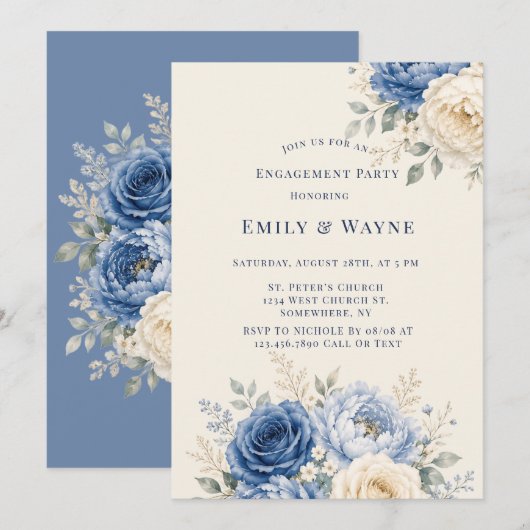 Invitation Fête de fiançailles florale rose bleue et crème (Devant / Derrière)