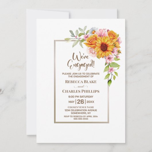 Invitation Fête de fiançailles florale rose tournesol (Devant)