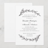 Invitation Fête de fiançailles florales en noir et blanc élég (Devant / Derrière)