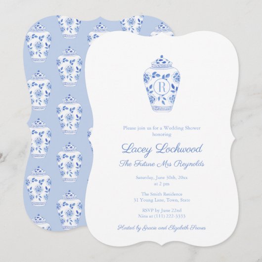 Invitation Fête de Fiançailles Future Mme Monogramme Bleu Et (Devant / Derrière)