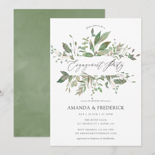 Invitation Fête de fiançailles géométrique de verdure (Devant / Derrière)