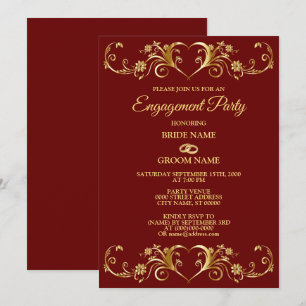 Invitation Fête de fiançailles géométrique élégante rouge dor