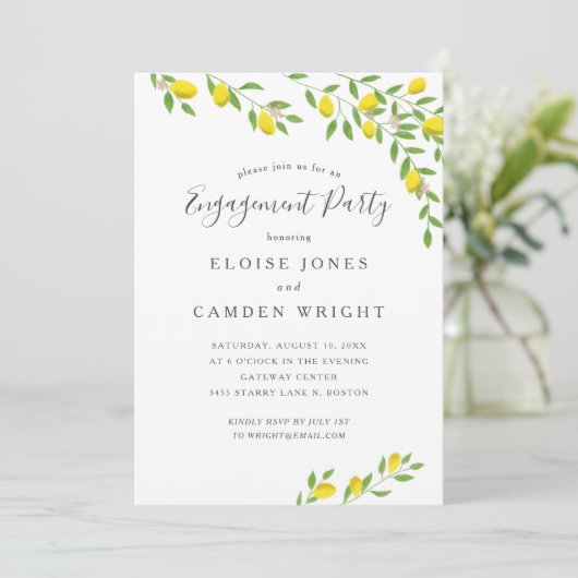 Invitation Fête de fiançailles jaune citron rustique (Debout devant)