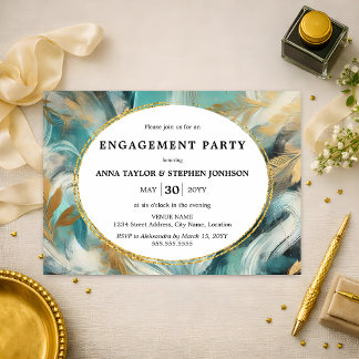 Invitation Fête de fiançailles Luxe Turquoise Or à coups de p