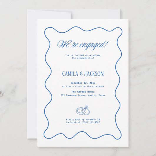 Invitation Fête de fiançailles mariage blanc et bleu (Devant)