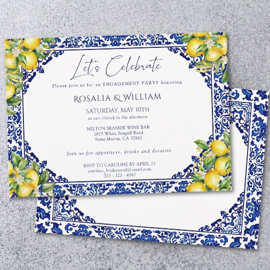 Invitation Fête de Fiançailles Méditerranéenne Carrelage Bleu