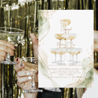 Invitation Fête de fiançailles Moderne Champagne Blanc et Sag