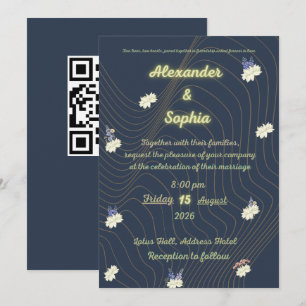 Invitation Fête de fiançailles moderne Navy & fleurs blanches