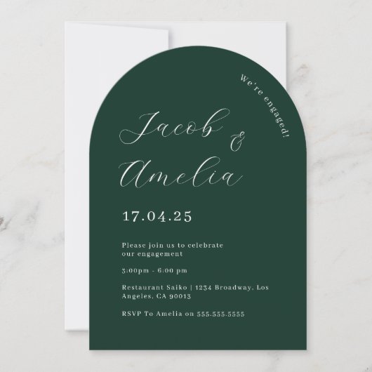 Invitation Fête de fiançailles moderne sous une arche vert ém (Devant)