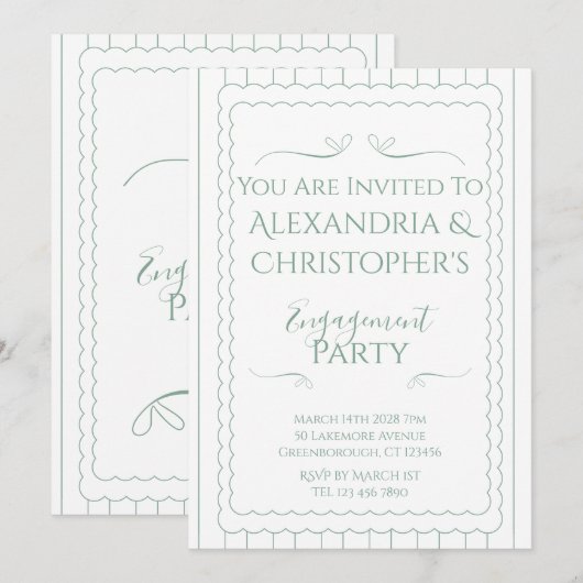 Invitation Fête de Fiançailles Moderne Vert et Blanc (Devant / Derrière)