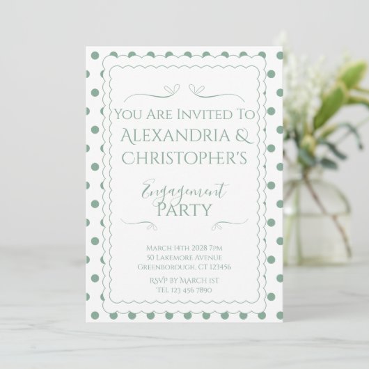 Invitation Fête de Fiançailles Moderne Vert et Blanc à Points (Debout devant)
