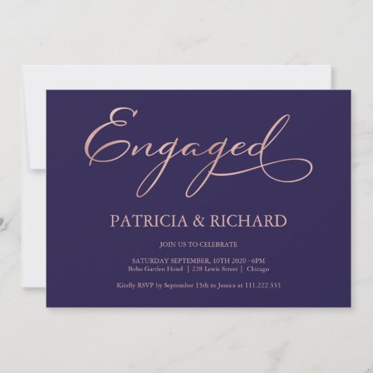 Invitation Fête de fiançailles Navy Blue Rose Gold Script (Devant)