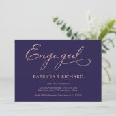 Invitation Fête de fiançailles Navy Blue Rose Gold Script (Debout devant)