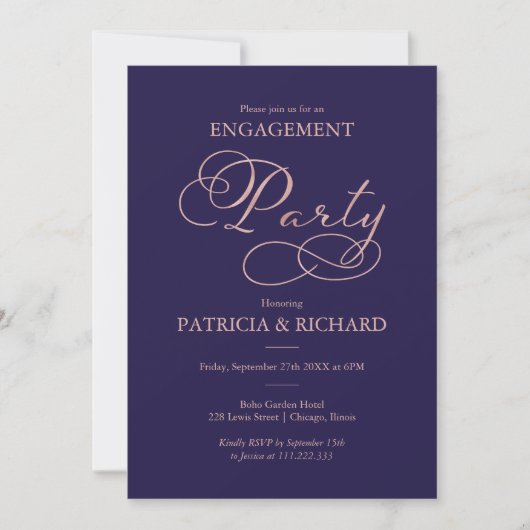 Invitation Fête de fiançailles Navy Blue Rose Gold Script (Devant)