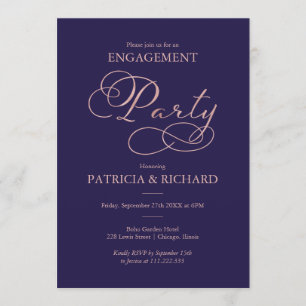 Invitation Fête de fiançailles Navy Blue Rose Gold Script