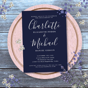 Invitation Fête de fiançailles Navy Blue Signature Script