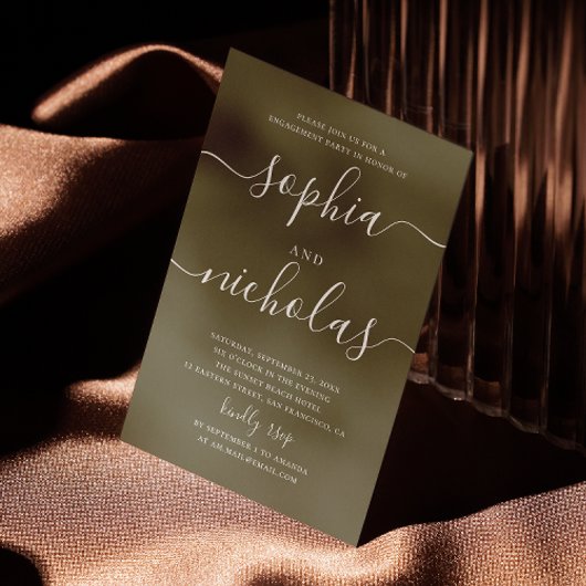 Invitation Fête de fiançailles Olive Mat. Écriture Élégante