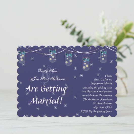 Invitation Fête de fiançailles pot Mason fleur jaune aqua mar (Debout devant)