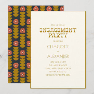 Invitation Fête de Fiançailles Rétro Vintage Floral Navy Mout