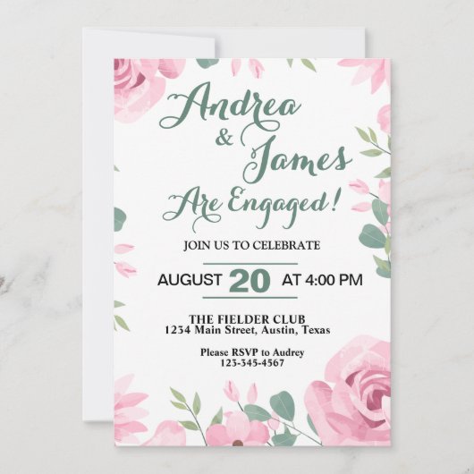 Invitation Fête de fiançailles rose et vert mousse Pretty Pin (Devant)