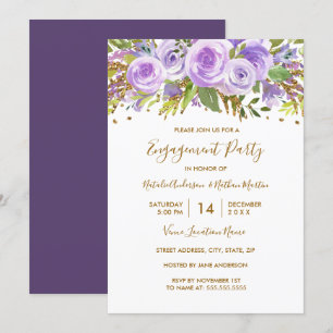 Invitation Fête de fiançailles Rose Florale Paillettes Or Vio
