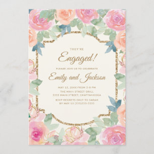Invitation Fête de Fiançailles Rose Pêche Floral Or