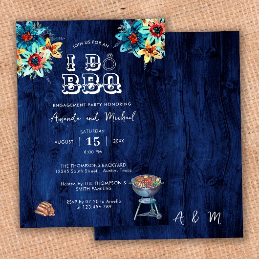 Invitation Fête de Fiançailles Rustique Bleu Bois I Do BBQ