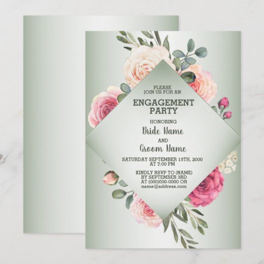 Invitation Fête de fiançailles rustique verte florale rose de (Devant / Derrière)
