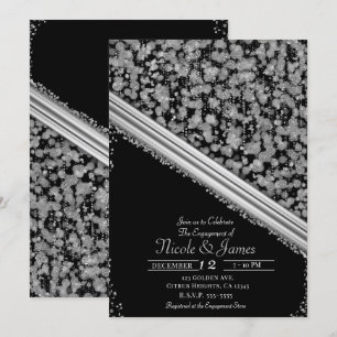 Invitation Fête de fiançailles Silver & Black Elégant Glamour