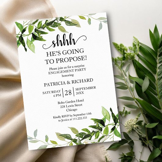 Invitation Fête de fiançailles surprise avec feuillage vert