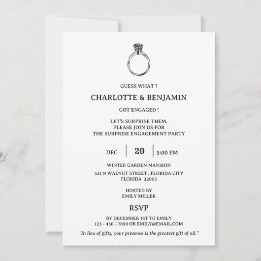 Invitation Fête de fiançailles surprise minimaliste (Devant)