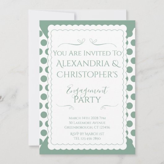 Invitation Fête de Fiançailles Vert et Blanc à Points (Devant)