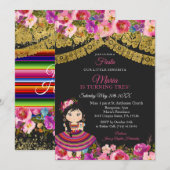 Invitation Fête de fille mignonne Noir Mexicaine Charra XV An (Devant / Derrière)
