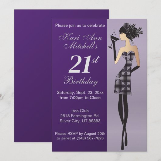 Invitation Fête de fille pour son 21e anniversaire - Violet (Devant / Derrière)