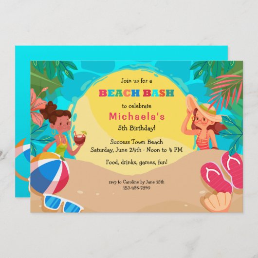 Invitation Fête de filles à la plage (Devant / Derrière)