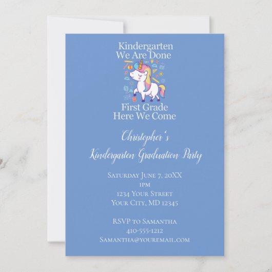Invitation Fête de fin d'année de maternelle Licorne Bleue (Devant)