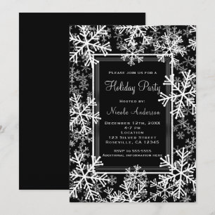 Invitation Fête de fin d'année Flocons de neige noir et blanc