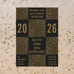 Invitation Fête de fin d'année moderne noire et dorée avec pa