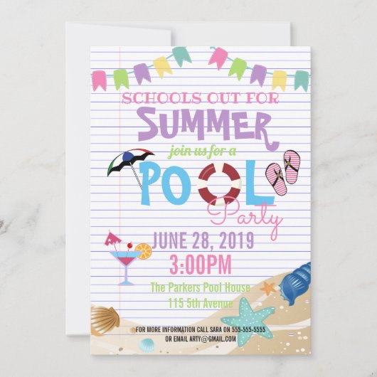 Invitation fête de fin d'année scolaire de piscine classe d'é (Devant)