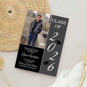 Invitation Fête de fin d'études 2026 Chapeau de diplômé Gris