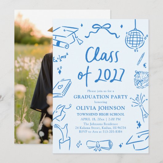 Invitation Fête de fin d'études 2027 à la main en bleu (Devant / Derrière)