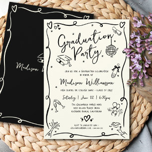 Invitation Fête de fin d'études à dessins à main levée en noi