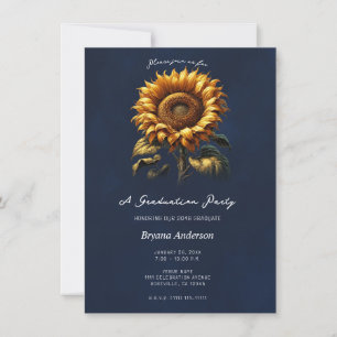 Invitation Fête de fin d'études au tournesol rustique bleu