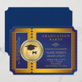 Invitation Fête de fin d'études avec billet bleu et or (Devant / Derrière)