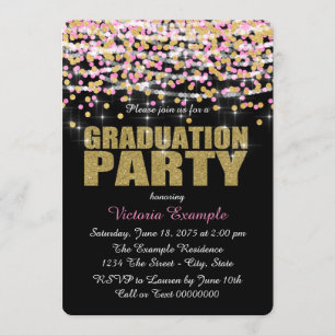 Invitation Fête de fin d'études avec confettis roses et or