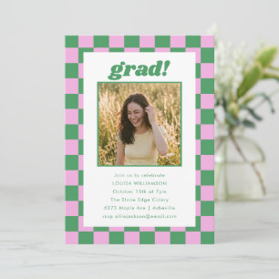 Invitation Fête de fin d'études avec damier rose et vert