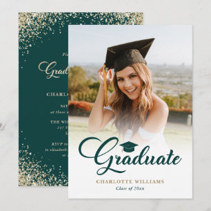 Invitation Fête de fin d'études avec photo verte et dorée